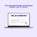 A laptop mockup on a light lavender background with purple headline text reading, 'The automated budget spreadsheet for the Type A traveller.' The screen shows a budget template titled 'Oh, It's Paid For' with the brand name 'the.