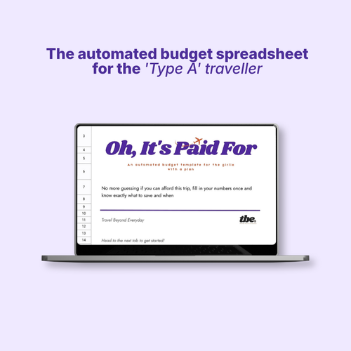 A laptop mockup on a light lavender background with purple headline text reading, 'The automated budget spreadsheet for the Type A traveller.' The screen shows a budget template titled 'Oh, It's Paid For' with the brand name 'the.