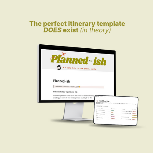 A digital promotional graphic for the Planned-ish itinerary template, showing a desktop monitor and a smaller tablet on a pale beige background. Text at the top reads, 'The perfect itinerary template DOES exist (in theory)'.
